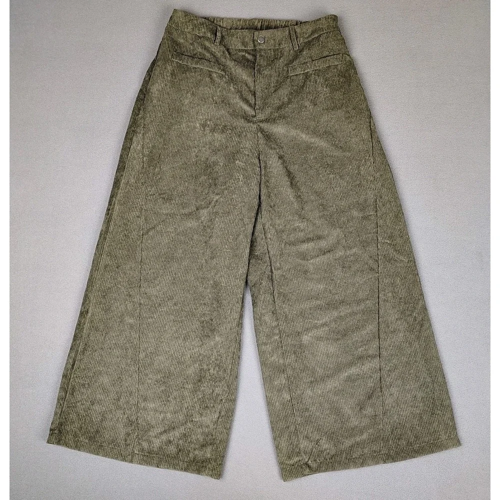 SUPER BAGGY Wide Leg Corduroy Pants XL 32/34‎ Olive Green Stretch Curvy Fit 29